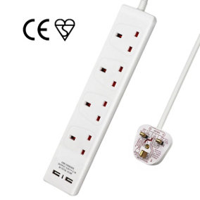 4 Way Socket with Cable 3G1.25,1M,White,with 2 USB Charger,Child Resistant Sockets
