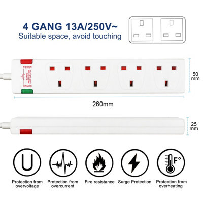 4 Way Socket with Cable 3G1.25,1M,White,with Power Indicater,,Child Resistant Sockets,Surge Indicator