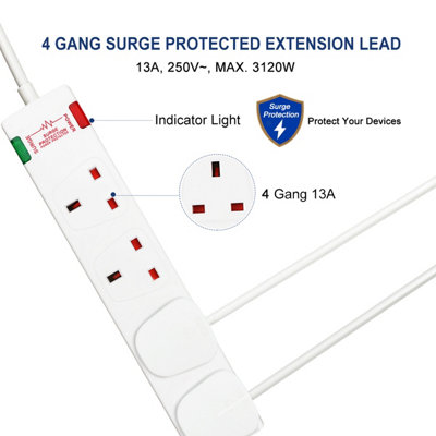 4 Way Socket with Cable 3G1.25,1M,White,with Power Indicater,,Child Resistant Sockets,Surge Indicator
