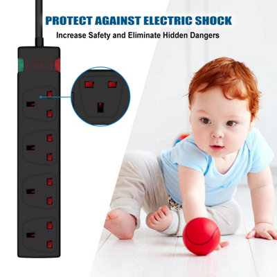 4 Way Socket with Cable 3G1.25,2M,Black,with Power Indicater, Child Resistant Sockets,Surge Indicator