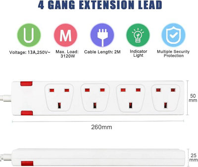 4 Way Socket with Cable 3G1.25,2M,White,with Indicate Light, Child Resistant Sockets