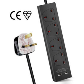 4 Way Socket with Cable 3G1.25,3M,Black,with 2 USB Charger,Child Resistant Sockets