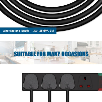 4 Way Socket with Cable 3G1.25,3M,Black,with Power Indicater,Child ...