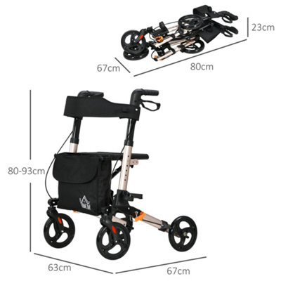 4 Wheel Rollator Walker with Seat Adjustable Mobility Walker with Bag, Gold Tone