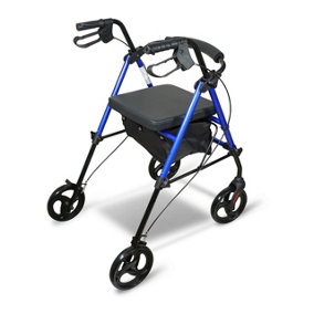 4 Wheeled Rollator - Foldable Height Adjustable Mobility Aid Walking Frame with Seat & Storage Bag - H81-105 x W57 x D90cm, Blue