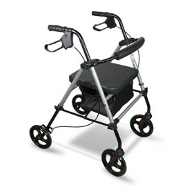 4 Wheeled Rollator - Foldable Height Adjustable Mobility Aid Walking Frame with Seat & Storage Bag - H81-105 x W57 x D90cm, Silver