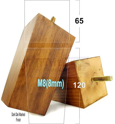 4 Wood Furniture Feet Square Replacement Block Tapered Legs 120mm High M8 Sofa Chairs Stools Cabinets Beds Dark Oak Washed