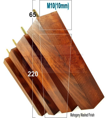 4 Wood Furniture Legs M10 220mm High Mahogany Wash Replacement Square Tapered Sofa Feet Stools Chairs Cabinets Beds