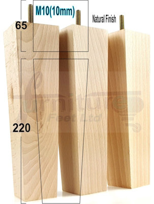 4 Wood Furniture Legs M10 220mm High Natural Finish Replacement Square Tapered Sofa Feet Stools Chairs Cabinets Beds