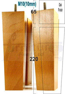 4 Wood Furniture Legs M10 220mm High Oak Finish Replacement Square Tapered Sofa Feet Stools Chairs Cabinets Beds