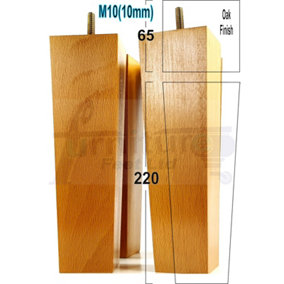 4 Wood Furniture Legs M10 220mm High Oak Finish Replacement Square Tapered Sofa Feet Stools Chairs Cabinets Beds