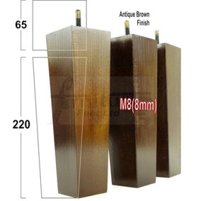 4 Wood Furniture Legs M8 220mm High Antique Brown Replacement Square Tapered Sofa Feet Stools Chairs Cabinets Beds