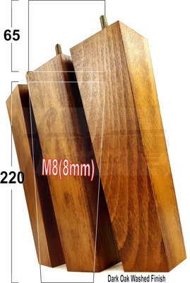 4 Wood Furniture Legs M8 220mm High Dark Oak Wash Replacement Square Tapered Sofa Feet Stools Chairs Cabinets Beds