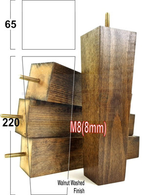 4 Wood Furniture Legs M8 220mm High Dark Walnut Wash Replacement Square Tapered Sofa Feet Stools Chairs Cabinets Beds