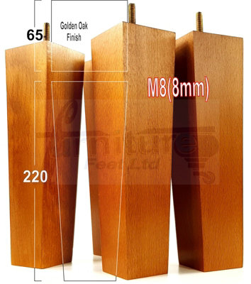 4 Wood Furniture Legs M8 220mm High Golden Oak Replacement Square Tapered Sofa Feet Stools Chairs Cabinets Beds