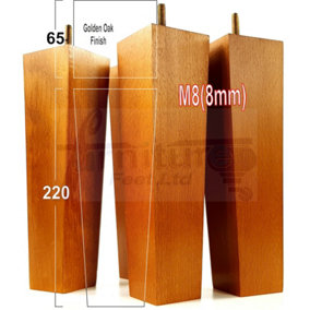 4 Wood Furniture Legs M8 220mm High Golden Oak Replacement Square Tapered Sofa Feet Stools Chairs Cabinets Beds