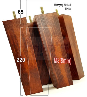 4 Wood Furniture Legs M8 220mm High Mahogany Wash Replacement Square Tapered Sofa Feet Stools Chairs Cabinets Beds