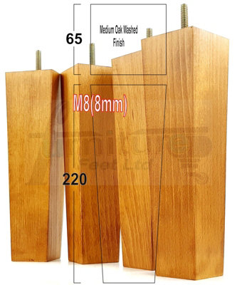 4 Wood Furniture Legs M8 220mm High Medium Oak Wash Replacement Square Tapered Sofa Feet Stools Chairs Cabinets Beds