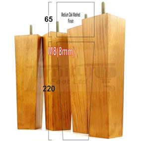 4 Wood Furniture Legs M8 220mm High Medium Oak Wash Replacement Square Tapered Sofa Feet Stools Chairs Cabinets Beds