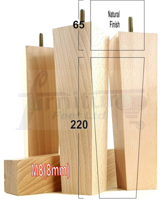 4 Wood Furniture Legs M8 220mm High Natural Finish Replacement Square Tapered Sofa Feet Stools Chairs Cabinets Beds