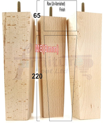 4 Wood Furniture Legs M8 220mm High Raw Unfinished Replacement Square Tapered Sofa Feet Stools Chairs Cabinets Beds