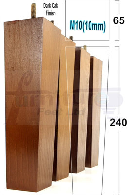 4 Wooden Furniture Legs M10 240mm High Dark Oak Replacement Square Tapered Sofa Feet Stools Chairs Cabinets Beds