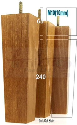 4 Wooden Furniture Legs M10 240mm High Dark Oak Stain Replacement Square Tapered Sofa Feet Stools Chairs Cabinets Beds