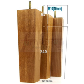 4 Wooden Furniture Legs M10 240mm High Dark Oak Stain Replacement Square Tapered Sofa Feet Stools Chairs Cabinets Beds