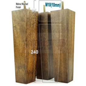 4 Wooden Furniture Legs M10 240mm High Dark Walnut Wash Replacement Square Tapered Sofa Feet Stools Chairs Cabinets Beds