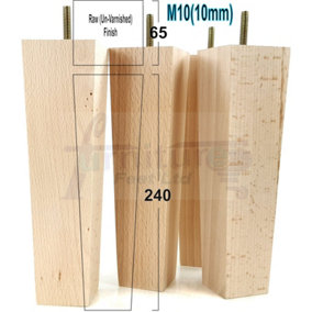4 Wooden Furniture Legs M10 240mm High Raw Unfinished Replacement Square Tapered Sofa Feet Stools Chairs Cabinets Beds