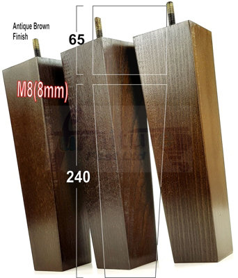 4 Wooden Furniture Legs M8 240mm High Antique Brown Replacement Square Tapered Sofa Feet Stools Chairs Cabinets Beds