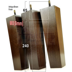 4 Wooden Furniture Legs M8 240mm High Antique Brown Replacement Square Tapered Sofa Feet Stools Chairs Cabinets Beds