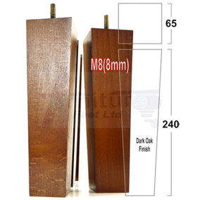4 Wooden Furniture Legs M8 240mm High Dark Oak Replacement Square Tapered Sofa Feet Stools Chairs Cabinets Beds