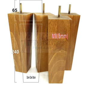 4 Wooden Furniture Legs M8 240mm High Dark Oak Stain Replacement Square Tapered Sofa Feet Stools Chairs Cabinets Beds