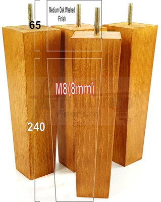 4 Wooden Furniture Legs M8 240mm High Medium Oak Wash Replacement Square Tapered Sofa Feet Stools Chairs Cabinets Beds