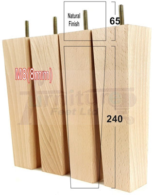 4 Wooden Furniture Legs M8 240mm High Natural Finish Replacement Square Tapered Sofa Feet Stools Chairs Cabinets Beds