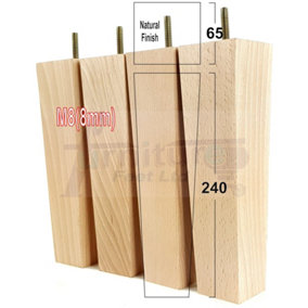4 Wooden Furniture Legs M8 240mm High Natural Finish Replacement Square Tapered Sofa Feet Stools Chairs Cabinets Beds