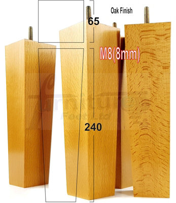4 Wooden Furniture Legs M8 240mm High Oak Finish Replacement Square Tapered Sofa Feet Stools