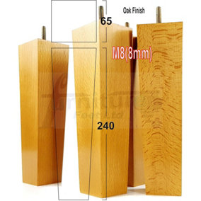 4 Wooden Furniture Legs M8 240mm High Oak Finish Replacement Square Tapered Sofa Feet Stools Chairs Cabinets Beds