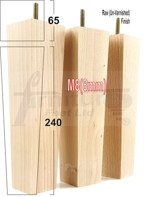 4 Wooden Furniture Legs M8 240mm High Raw Unfinished Replacement Square Tapered Sofa Feet Stools Chairs Cabinets Beds