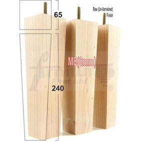 4 Wooden Furniture Legs M8 240mm High Raw Unfinished Replacement Square Tapered Sofa Feet Stools Chairs Cabinets Beds