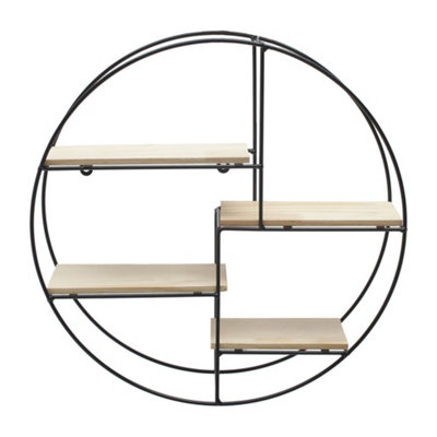 4 Wooden Shelves Modern Round Floating Wall Mount Shelf Wall Accent with Iron Frame
