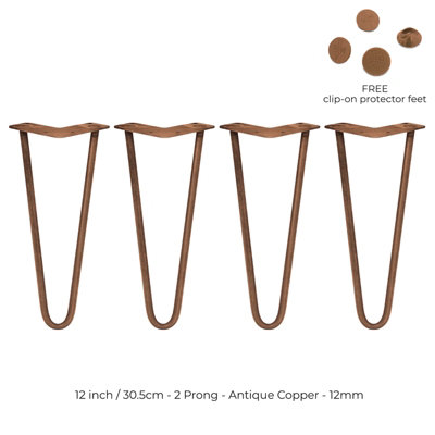 4 x 12" Hairpin Legs - 2 Prong - 12mm - Antique Copper