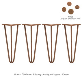 4 x 12" Hairpin Legs - 3 Prong - 10mm - Antique Copper