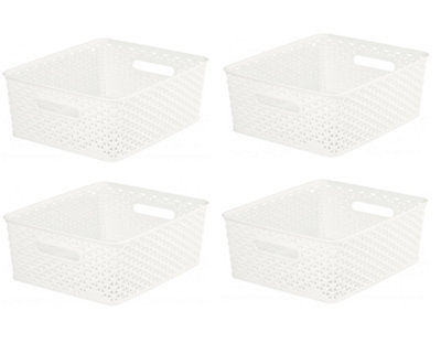 4 x 12L Cream Rattan Effect Storage Basket Tray Medium Plastic Curver Nestable