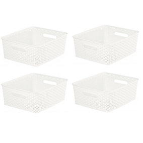 4 x 12L Cream Rattan Effect Storage Basket Tray Medium Plastic Curver Nestable