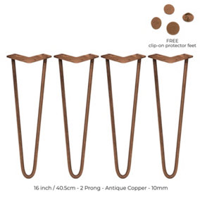 4 x 16" Hairpin Legs - 2 Prong - 10mm - Antique Copper