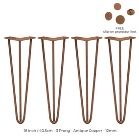 4 x 16" Hairpin Legs - 3 Prong - 12mm - Antique Copper