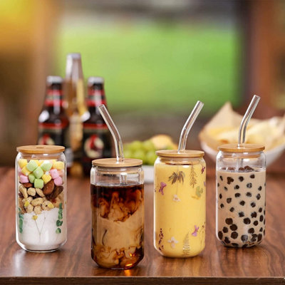 4 X 16oz Can Shaped Glass Cups - Drinking Glasses with Bamboo Lids and ...