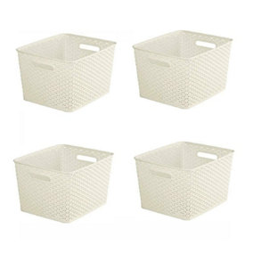 4 x 18L Cream Rattan Effect Storage Basket Tray Large Plastic Curver Nestable